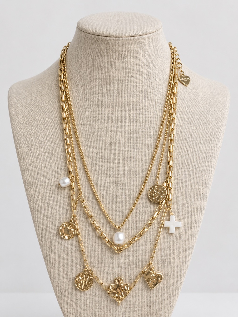 Altar'd State Gold Layered Charm Necklace with Pearls and Cross